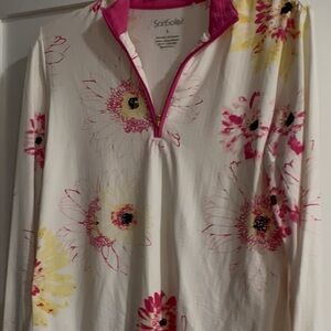 SanSoleil Women's White Floral Long Sleeve Zip-Front Tee